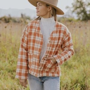 Roolee Orange Cream Plaid Button Front Jacket